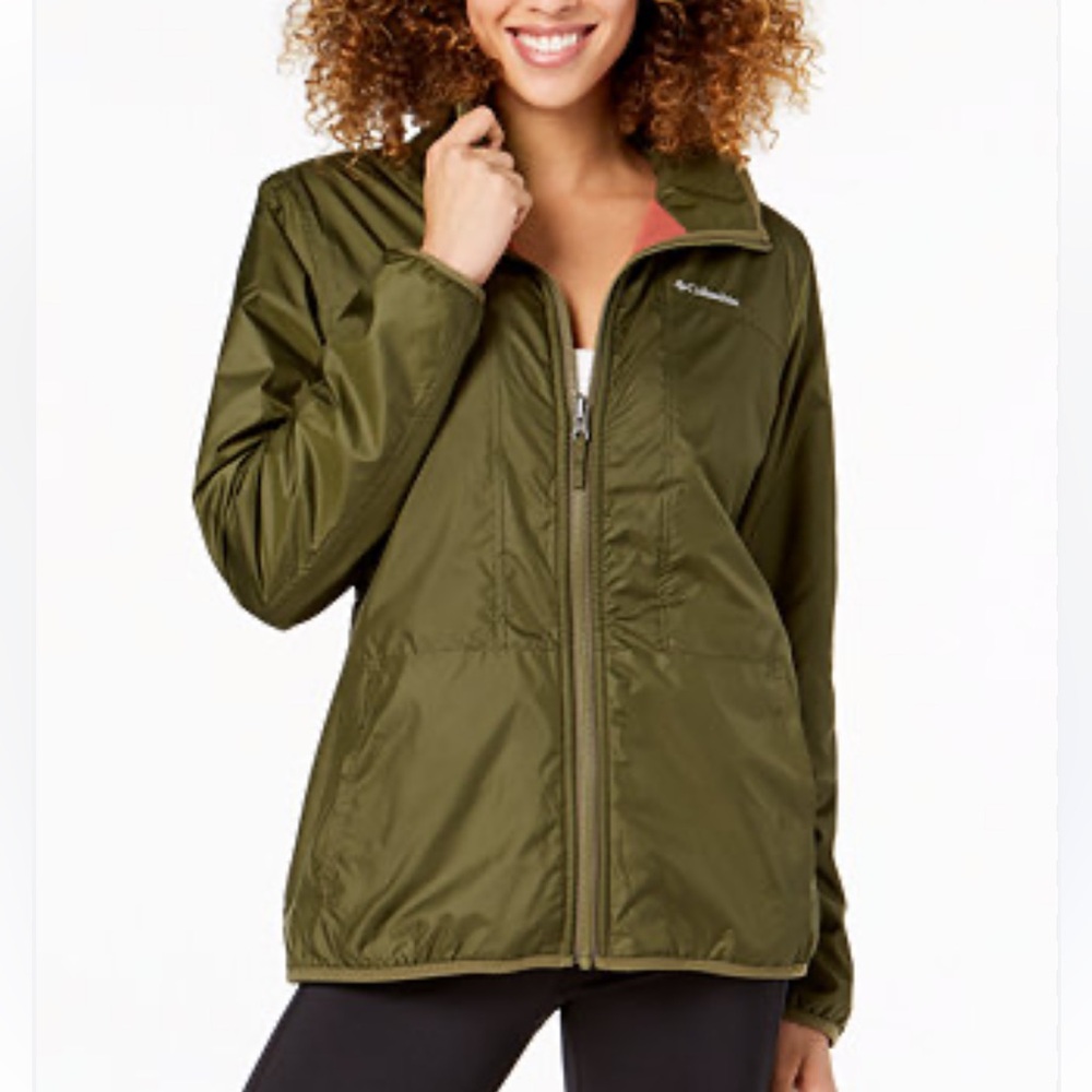 Columbia Women’s Reversible Nylon Fleece Lined Zip-Up Jacket Olive Coral, Sz L - Picture 3 of 16